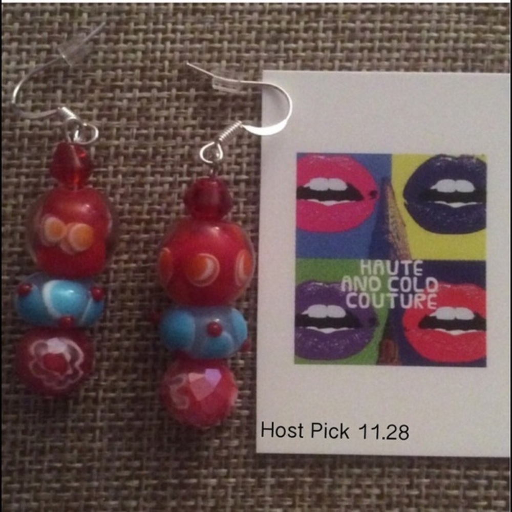 NEW Handmade Floral Red and Blue Glass Earrings